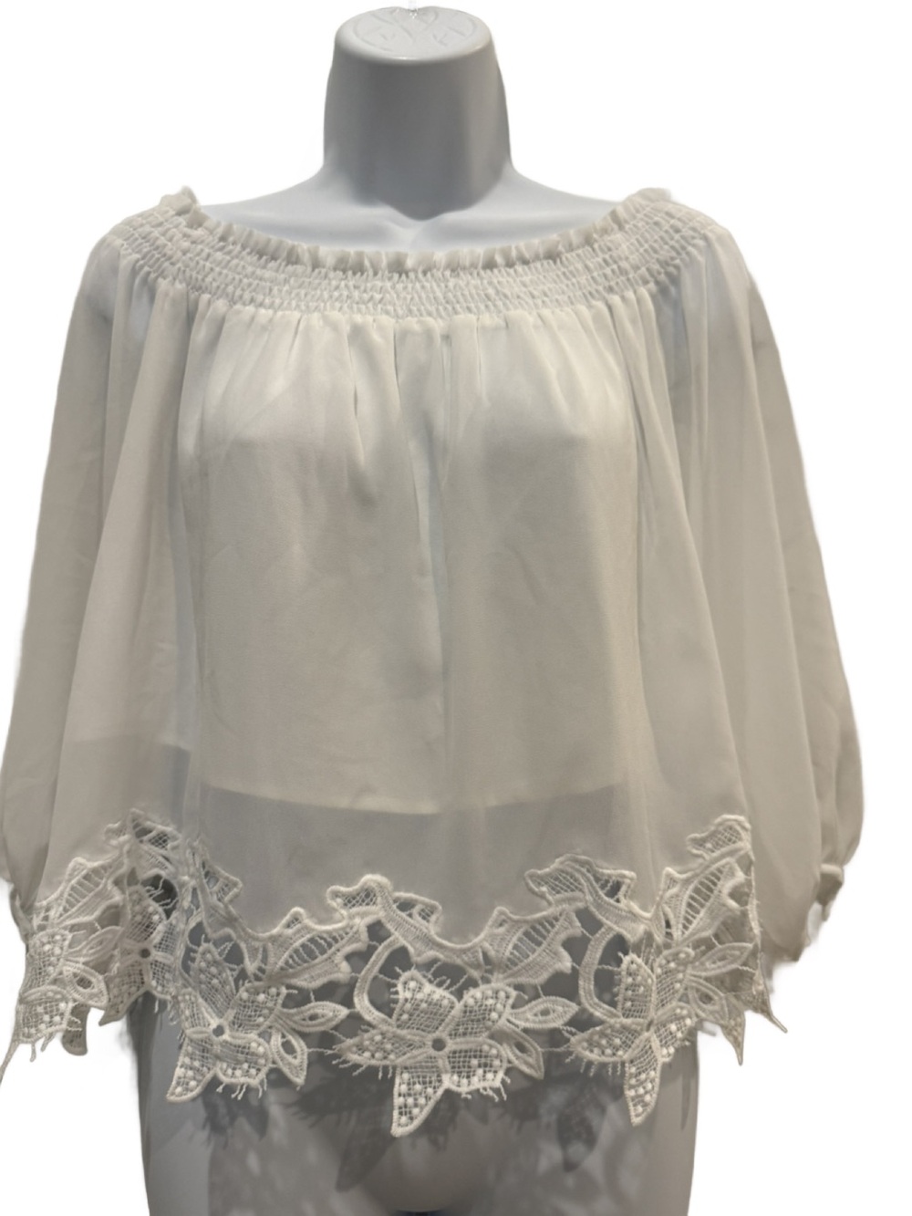 All in Favor White Off-Shoulder Lace Hem Blouse - Picture 3 of 8